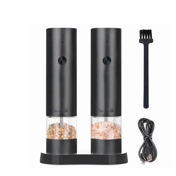 Rechargeable Electric Salt and Pepper Grinder Set, Automatic Pepper Mill with Adjustable Coarseness & One-Hand Operation, Large Capacity Battery-Powered Shakers for Cooking, Kitchen, Gifts (2, Black)