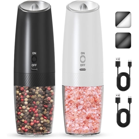 Dompilc Gravity Electric Salt and Pepper Grinder , Automatic Salt and Pepper Grinder Set, Adjustable Roughness, Battery Powered, LED Light, 2PC