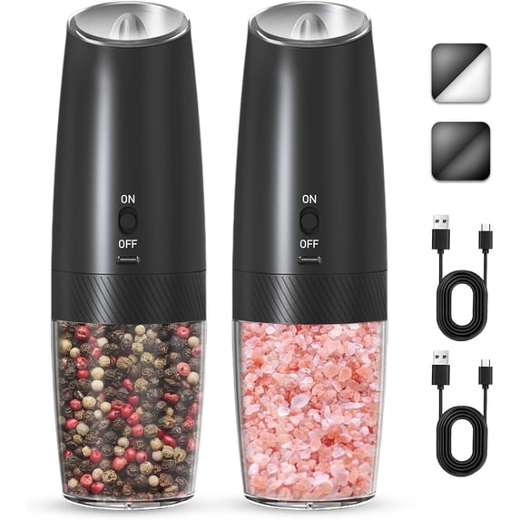 Dompilc Gravity Electric Salt and Pepper Grinder , Automatic Salt and Pepper Grinder Set, Adjustable Roughness, Battery Powered, LED Light, 2PC