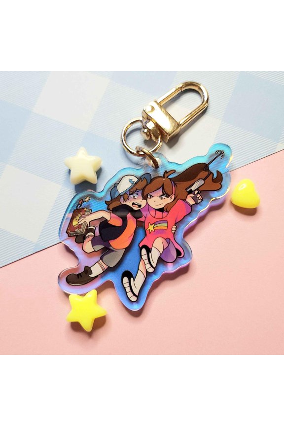 Gravity Falls Keychain Dipper & Mabel, Double Sided Rainbow Acrylic (2") (1 keychain)