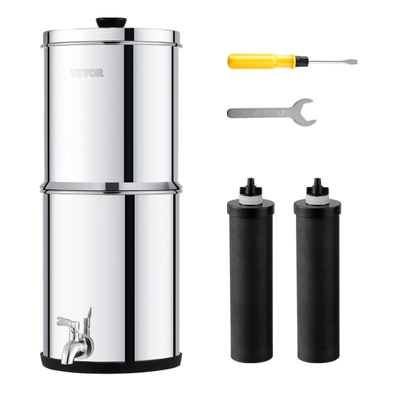 Gravity Fed Water Filter System 2.25G 304 Stainless Steel Countertop Reduces Lead 99 Percent Chlorine with 2 Carbon Filters Spigot for Home Camping RV