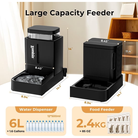 Gravity  Feeder and Water Dispenser, 2 in 1 Automatic  Feeder with 180 Degree Rotatable, 2 Pack Large Capacity Self Feeding for Small Medium Dog Puppy Kitten, Black, 1.6GALx2