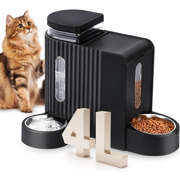 Gravity Feeder and Water Dispenser with 304 Stainless Bowls, 2 in 1 Automatic Feeder with 180 Rotatable Water Bowl, Large Capacity for Puppy Kitten Rabbits, Black
