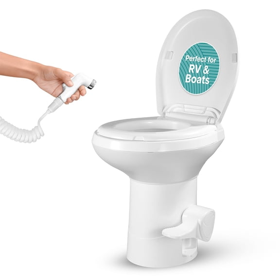 Gravity Flush Toilet Plastic Bowl with Connecting Hose, Installation Kits and Hand Sprayer Ideal for RVs, Trailers and Boats (White)