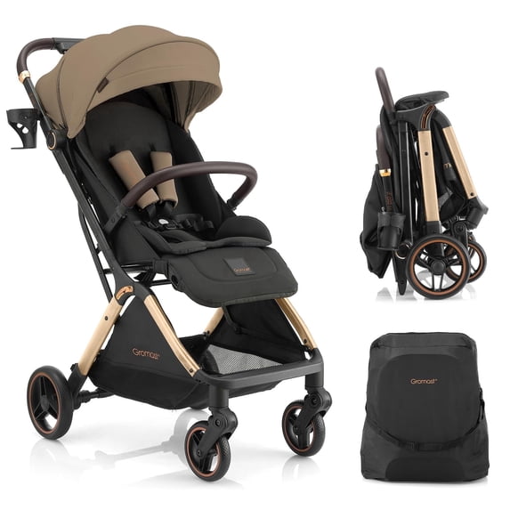 Gravity Folding Baby Stroller - Portable Toddler Stroller w/ Adjustable Backrest & Canopy, Lightweight and UV Protected Travel Stroller, One-Hand Automatic Folding - Golden