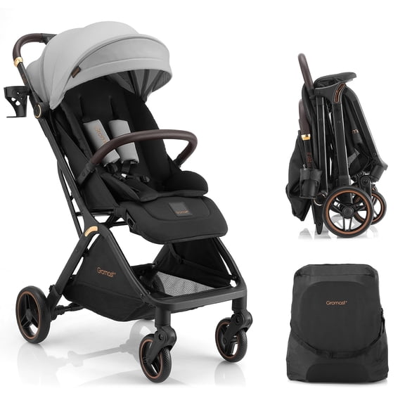 Gravity Folding Baby Stroller - Portable Toddler Stroller w/ Adjustable Backrest & Canopy, Lightweight and UV Protected Travel Stroller, One-Hand Automatic Folding - Light Gray