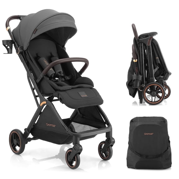 Gravity Folding Baby Stroller - Portable Toddler Stroller w/Adjustable Backrest & Canopy, Lightweight and UV Protected Travel Stroller, One-Hand Automatic Folding - Dark Gray