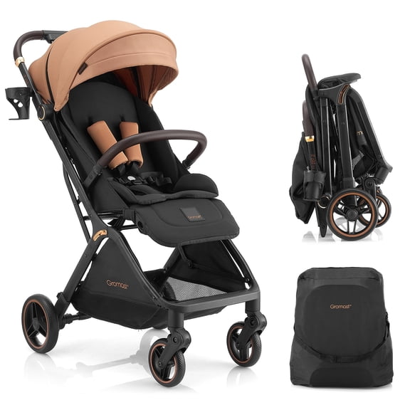 Gravity Folding Baby Stroller - Portable Toddler Stroller w/Adjustable Backrest & Canopy, Lightweight and UV Protected Travel Stroller, One-Hand Automatic Folding - Khaki