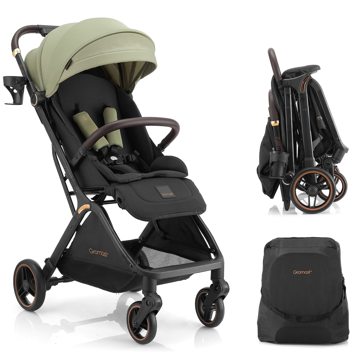 Gravity Folding Baby Stroller - Portable Toddler Stroller w/Adjustable Backrest & Canopy, Lightweight and UV Protected Travel Stroller, One-Hand Automatic Folding - Green