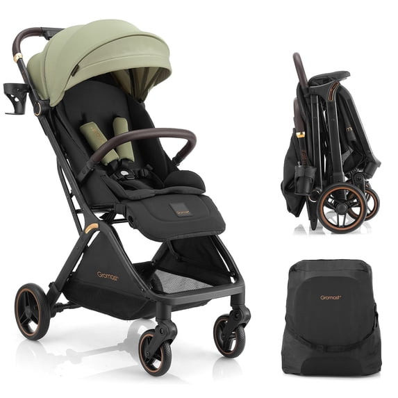 Gravity Folding Baby Stroller - Portable Toddler Stroller w/Adjustable Backrest & Canopy, Lightweight and UV Protected Travel Stroller, One-Hand Automatic Folding - Green