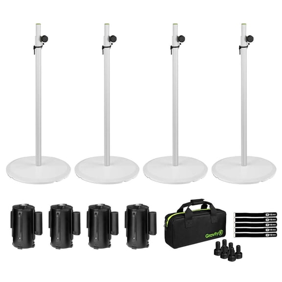 Gravity GSSPWBSET1W White Cast Iron Weight Base Plate Speaker Stands with Retractable Crowd Barrier Cassettes Four Package