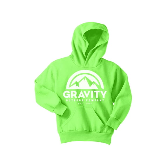Gravity Outdoor Co. Youth Hoodie Sweatshirt - White Logo - Neon Green - Small