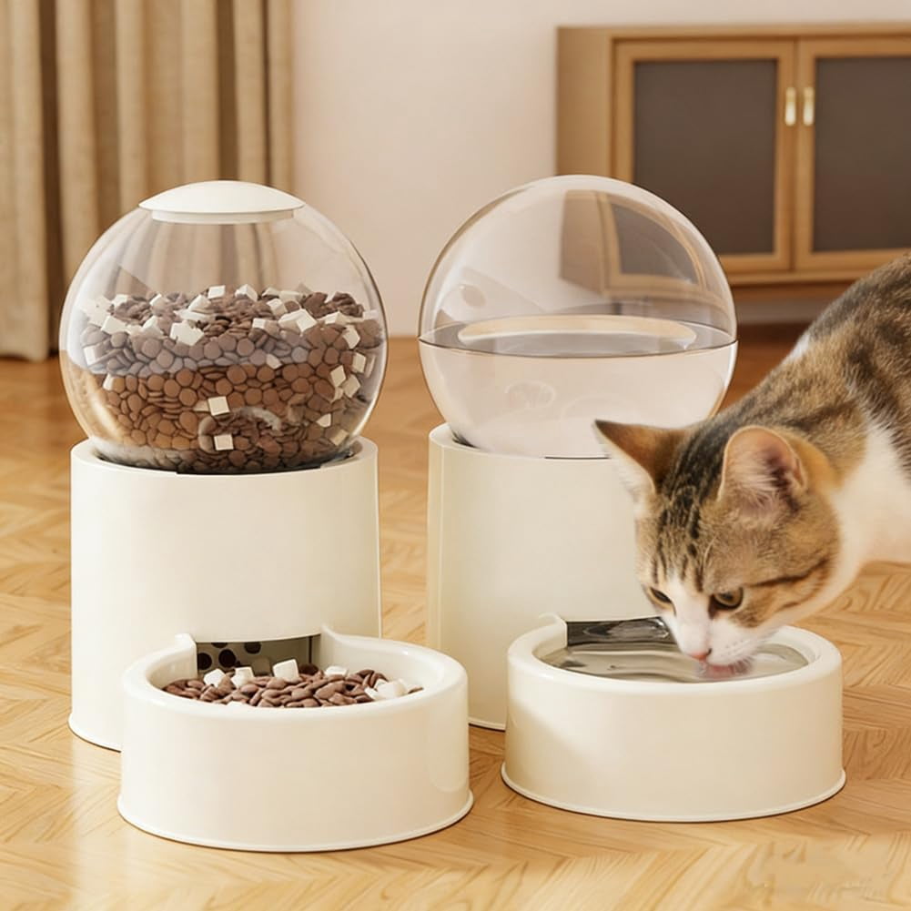 Gravity Pet Food Feeder & Water Dispenser Set, Automatic Self-Dispensing Pet Feeder Bowl, 2-Pack for Cats, Small Dogs, Puppies and Kittens (Beige A)