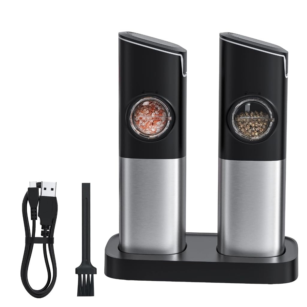 Gravity Rechargeable Electric Salt and Pepper Grinder Set, Stainless Steel, with LED Light, Dust Lids, Adjustable Coarseness, USB Charging Base