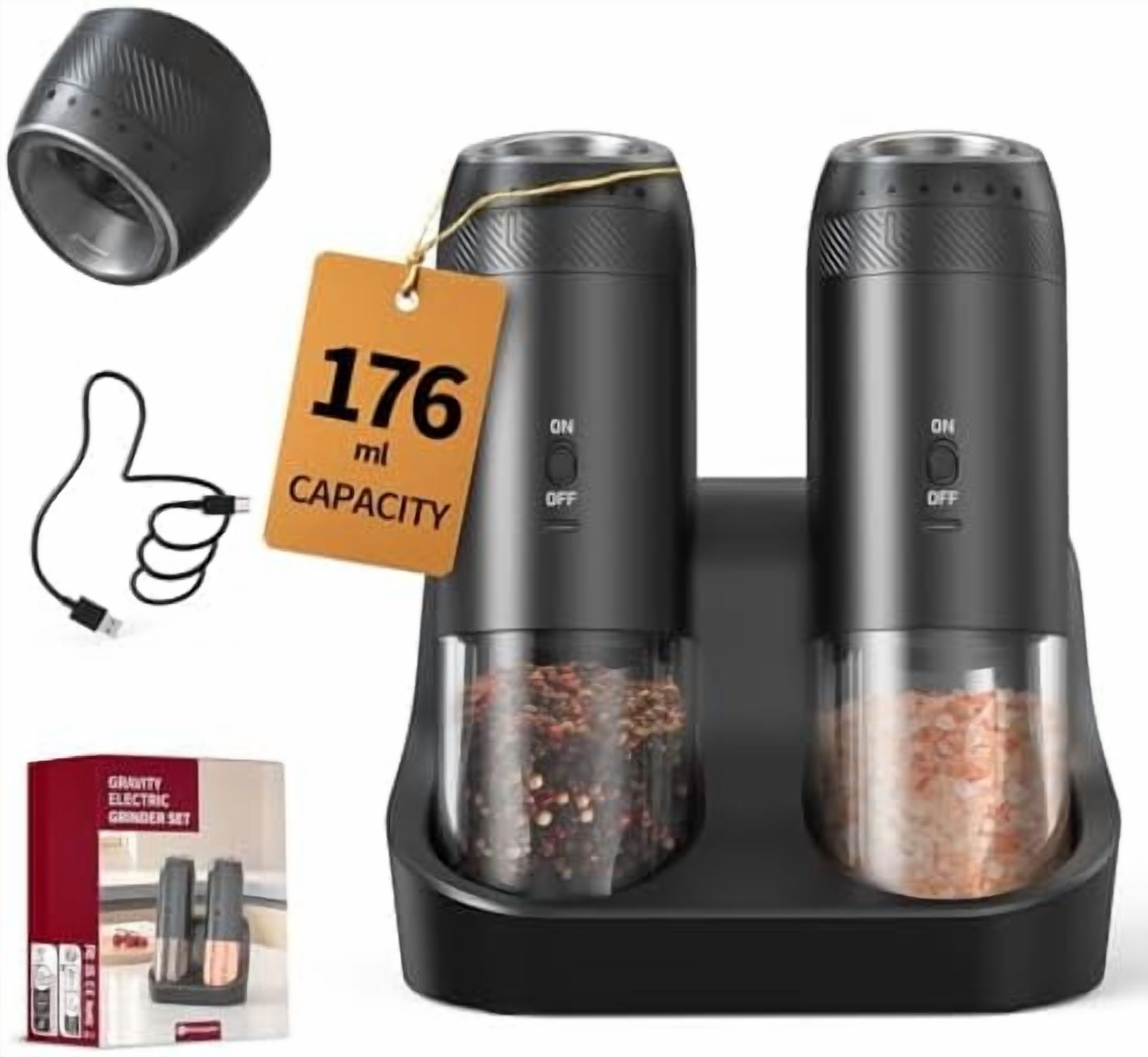 Gravity Salt and Pepper Grinder Set with Rechargeable Base Electric ...