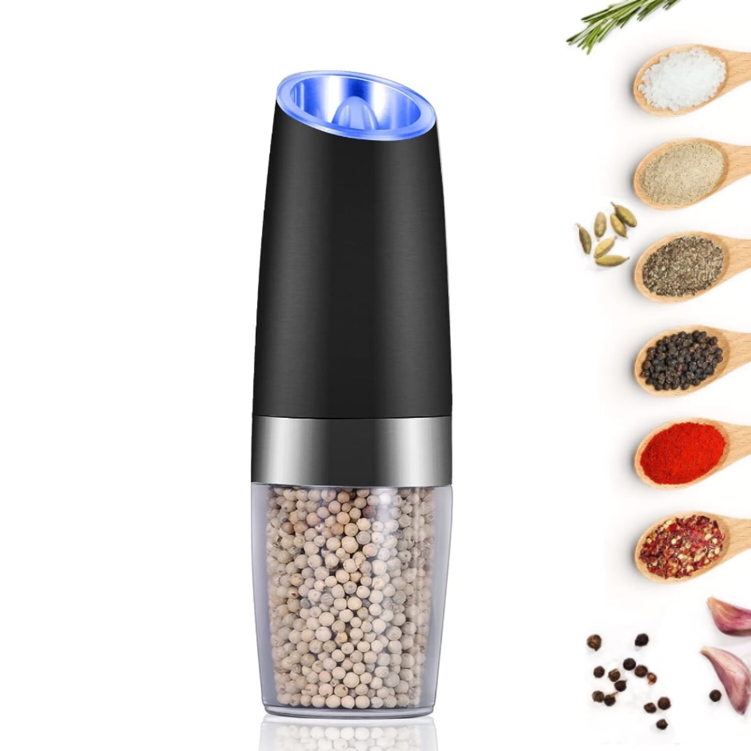 Alicedreamsky Gravity Electric Salt and Pepper Grinder Set, Automatic  Battery Powered Salt Mill, Adjustable Coarseness, with Blue LED Light, One  Hand
