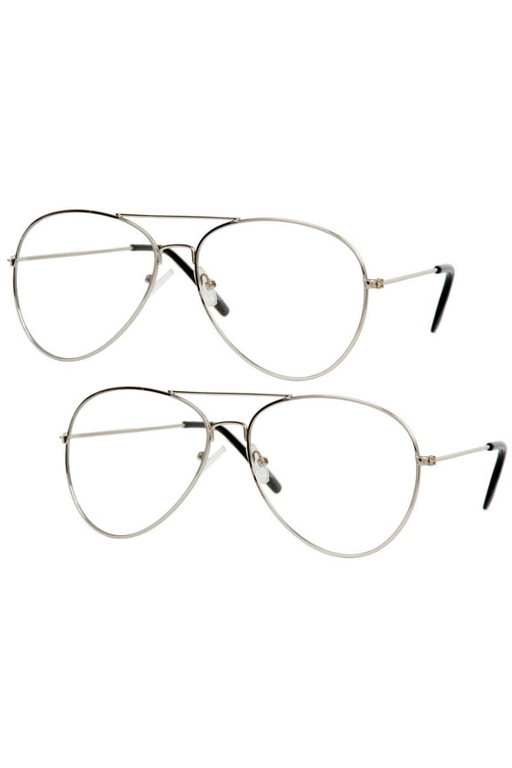 Clear Lens Aviator Sunglass, Silver 2 Pack