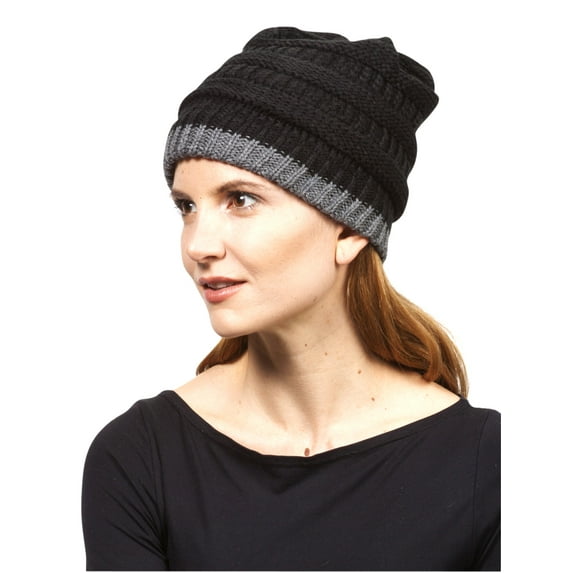 Gravity Threads 2 Tone Stripe Knit Beanie, Black/Dark Melange Grey