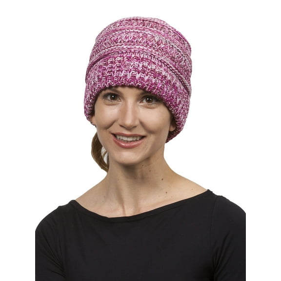 Gravity Threads 4 Tone Pony Tail Knit Beanie, Hot Pink/Burgundy/White