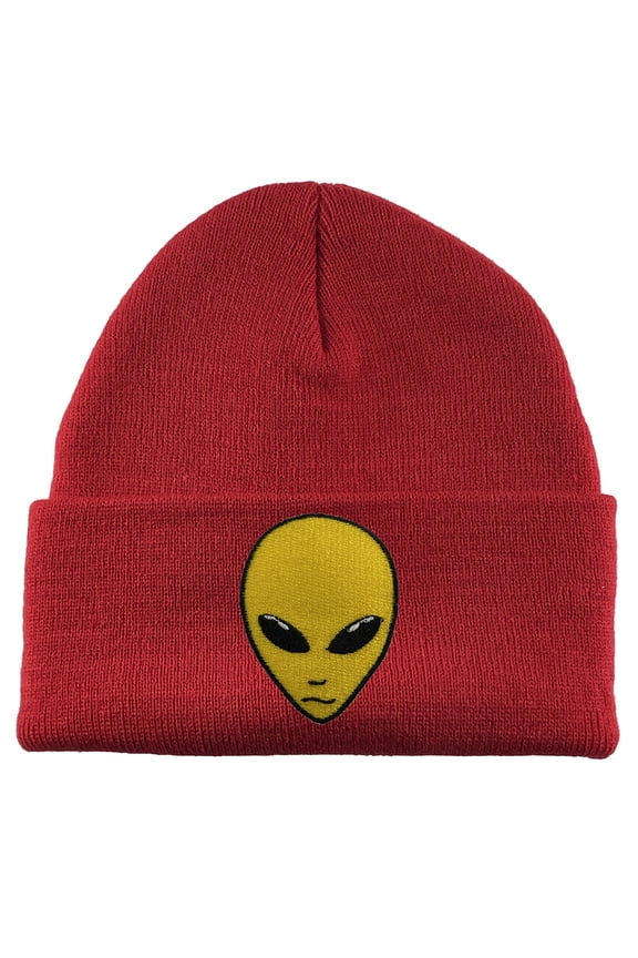 Alien Head Patch Cuffed Beanie - Red