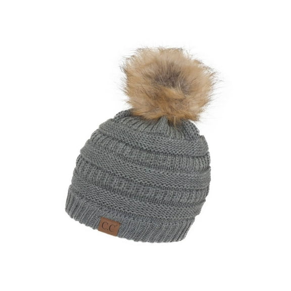 Gravity Threads Cable Knit Faux Fur Pom Pom Beanie Hat, Light Melange