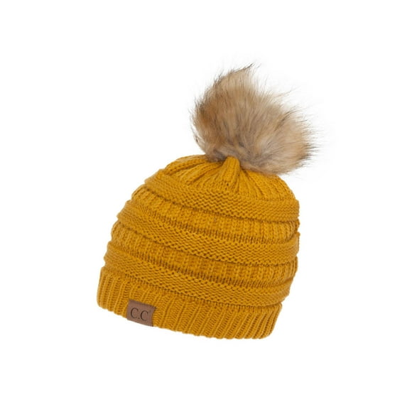 Gravity Threads Cable Knit Faux Fur Pom Pom Beanie Hat, Mustard