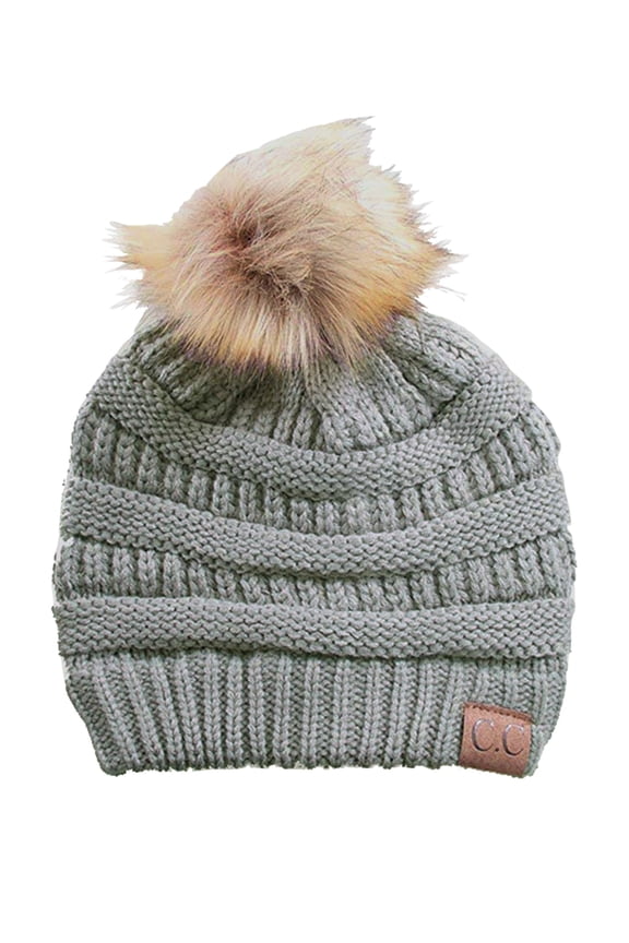 Cable Knit Faux Fur Pom Pom Beanie Hat, Natural Grey