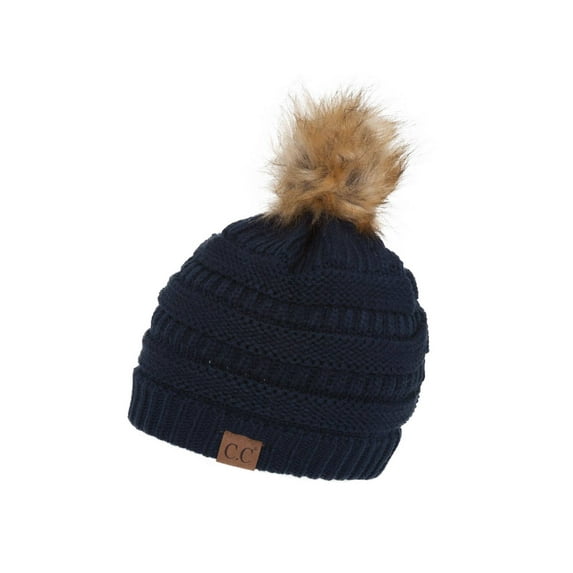 Gravity Threads Cable Knit Faux Fur Pom Pom Beanie Hat, Navy