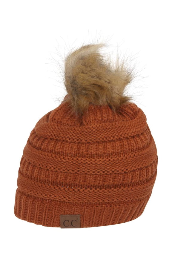 Cable Knit Faux Fur Pom Pom Beanie Hat, Rust
