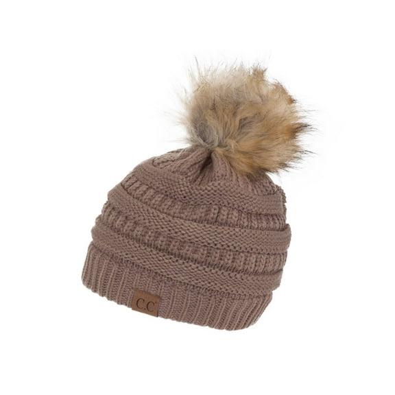 Gravity Threads Cable Knit Faux Fur Pom Pom Beanie Hat, Taupe