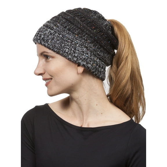 Gravity Threads Confetti Pony Tail Knit Beanie, Black
