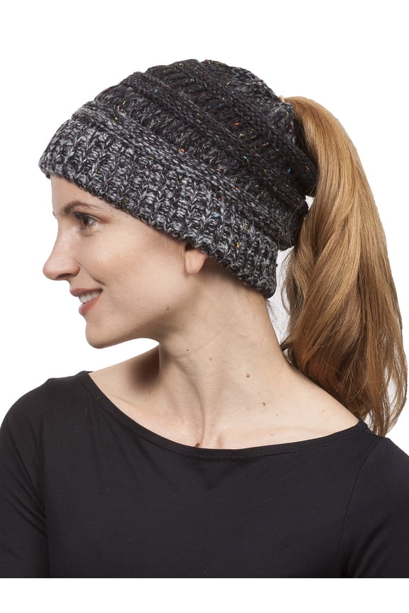 Confetti Pony Tail Knit Beanie, Black