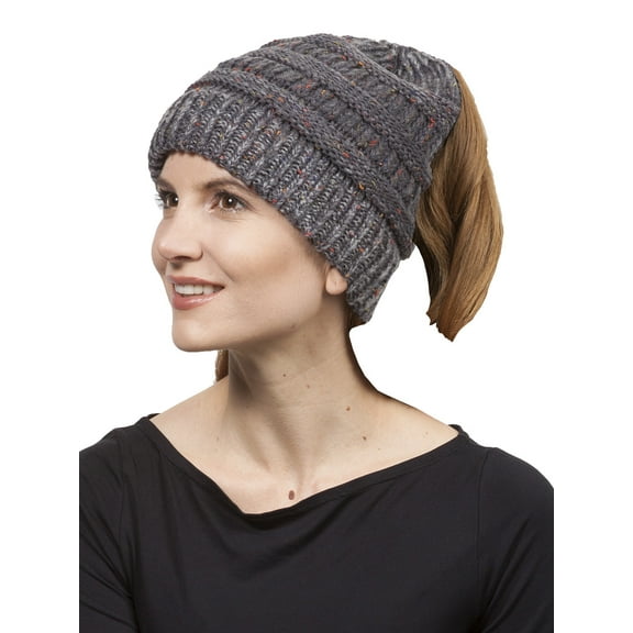 Gravity Threads Confetti Pony Tail Knit Beanie, Dark Melange Grey