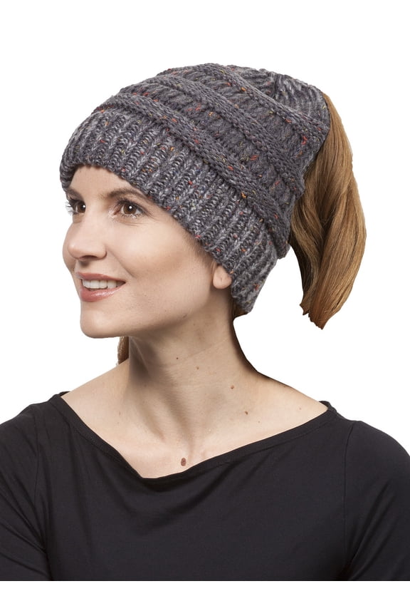 Confetti Pony Tail Knit Beanie, Dark Melange Grey