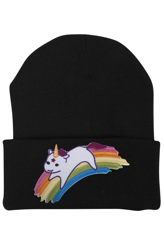 Cute Rainbow Unicorn Patch Cuffed Beanie - Black