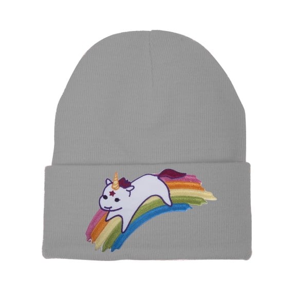 Gravity Threads Cute Rainbow Unicorn Patch Cuffed Beanie - Grey