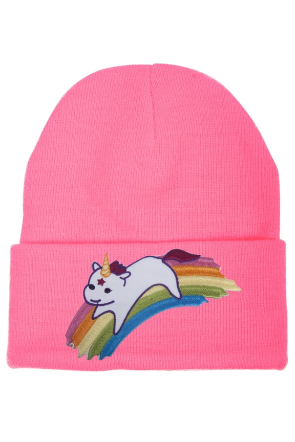 Cute Rainbow Unicorn Patch Cuffed Beanie - Pink