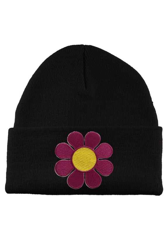 Groovy Flower Patch Cuffed Beanie - Black