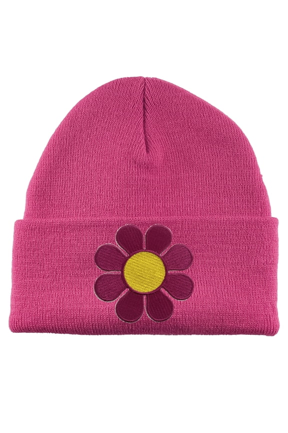 Groovy Flower Patch Cuffed Beanie - Hot Pink
