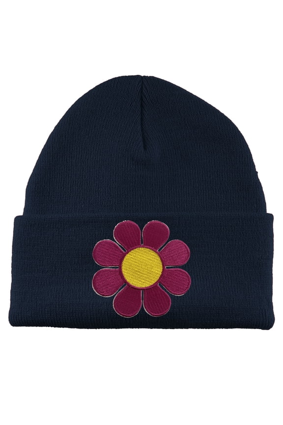 Groovy Flower Patch Cuffed Beanie - Navy
