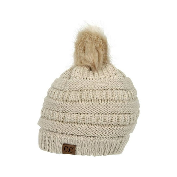 Gravity Threads Knit Pom Pom Beanie Hat - Beige