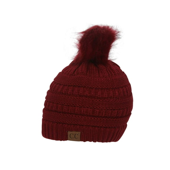 Gravity Threads Knit Pom Pom Beanie Hat - Burgundy