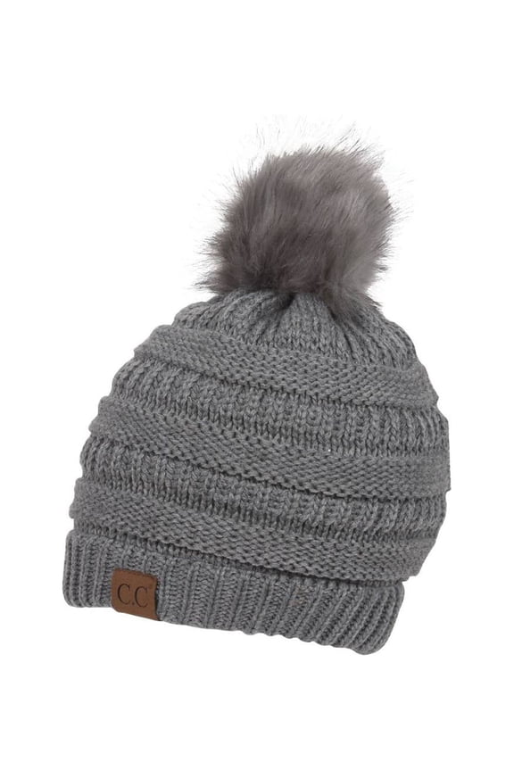 Knit Pom Pom Beanie Hat - Light Melange Grey