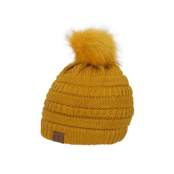 Gravity Threads Knit Pom Pom Beanie Hat - Mustard