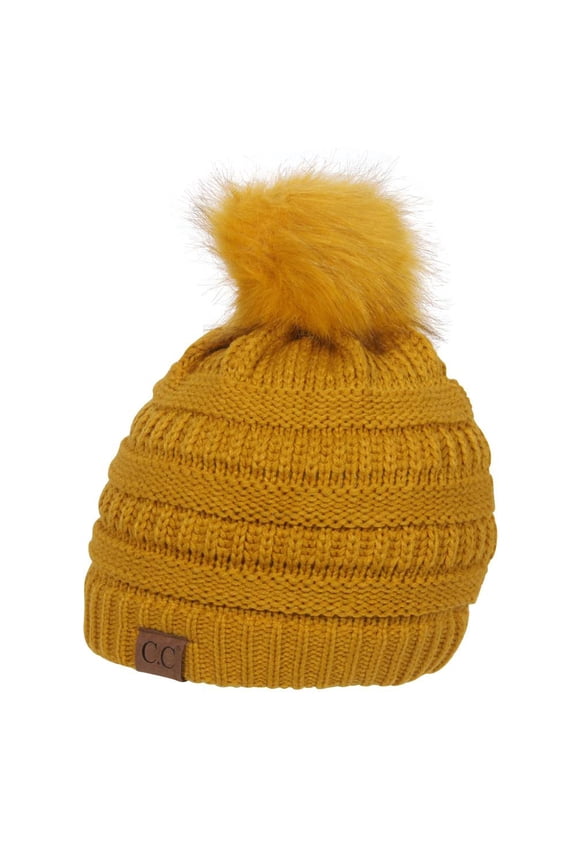 Knit Pom Pom Beanie Hat - Mustard