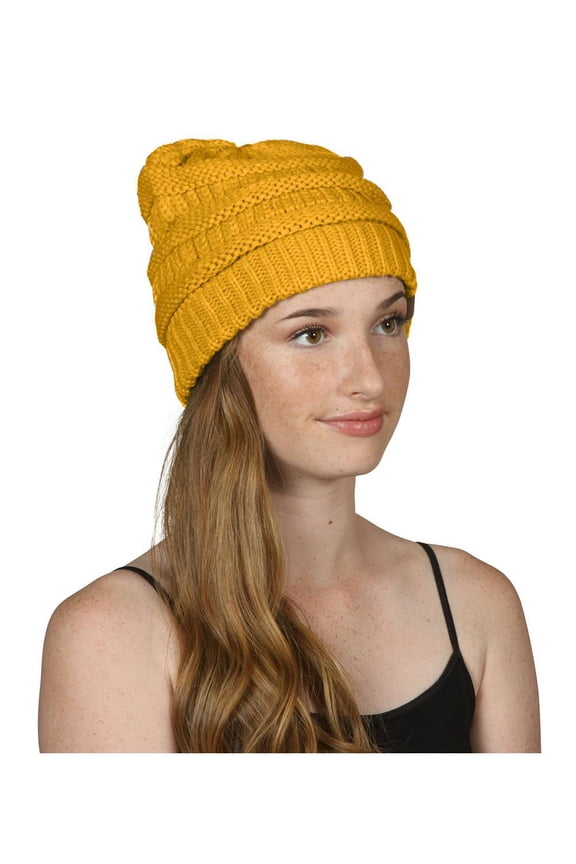 Knit Soft Stretch Beanie Cap, Mustard