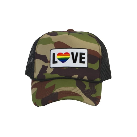 Gravity Threads LGBTQ Love Rainbow Heart Patch Trucker Hat - Camo/Black