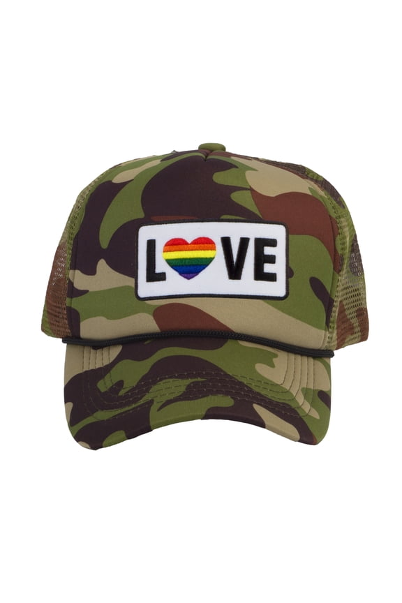 LGBTQ+ Love Rainbow Heart Patch Trucker Hat - Camo