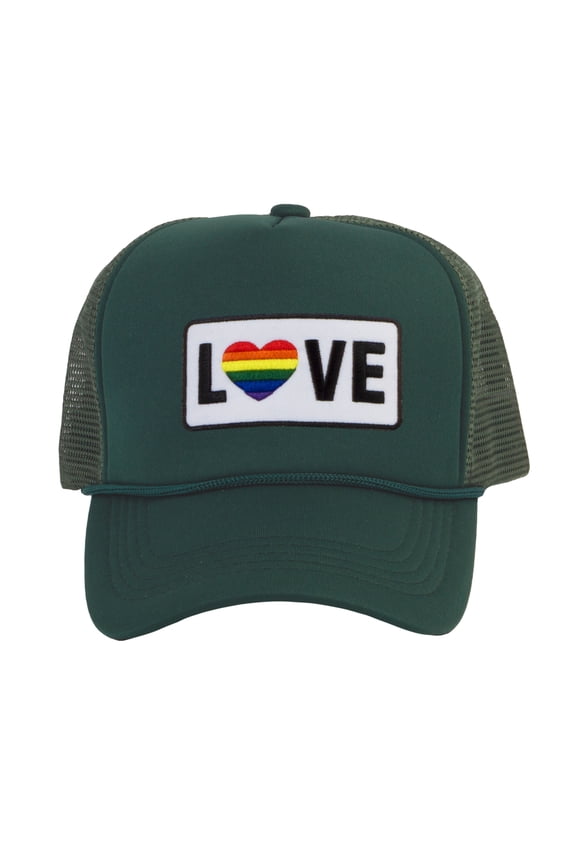 LGBTQ+ Love Rainbow Heart Patch Trucker Hat - Forest Green