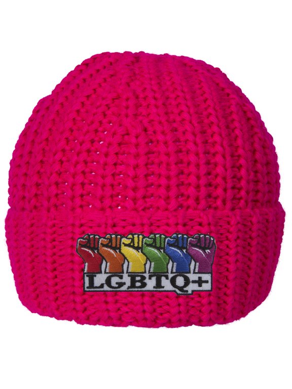 LGBTQ+ Rainbow Fists Knitted Cuffed Beanie - Hot Pink